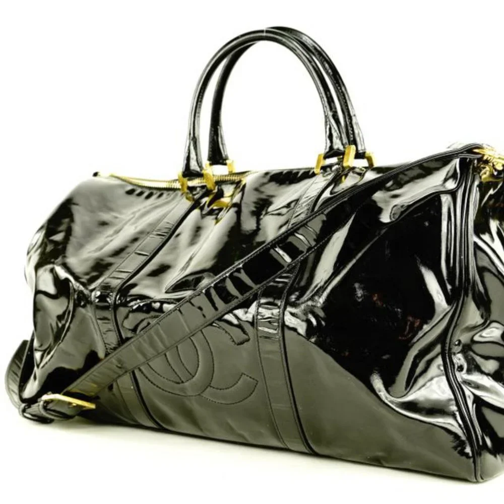 Chanel Large Black Patent CC Logo Duffle Bag with Strap 1C103a
